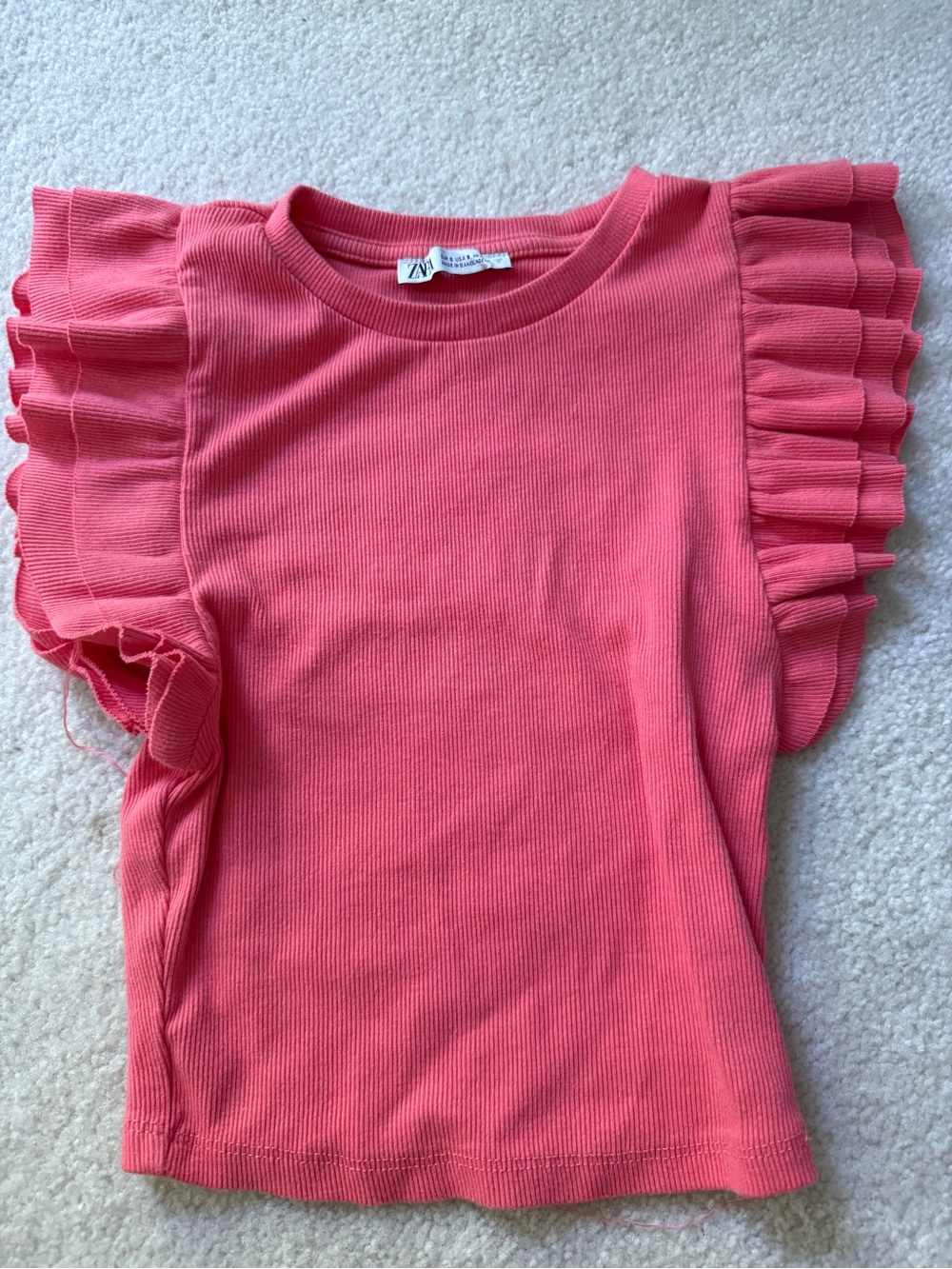 Zara Coral Pink Ruffle Sleeve Ribbed Top